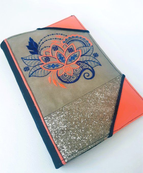 Protège carnet A5 - lotus mandala bleu & corail