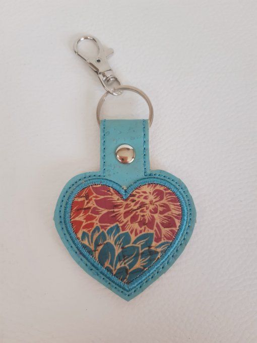 Porte-clé Coeur appliqué liège pivoines