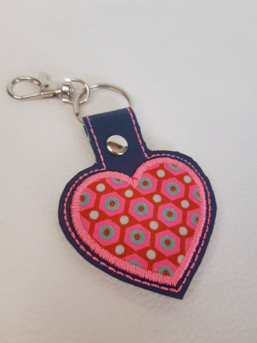 Porte-clé Coeur appliqué tissu rose