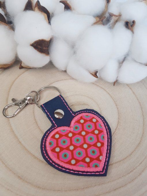Porte-clé Coeur appliqué tissu rose