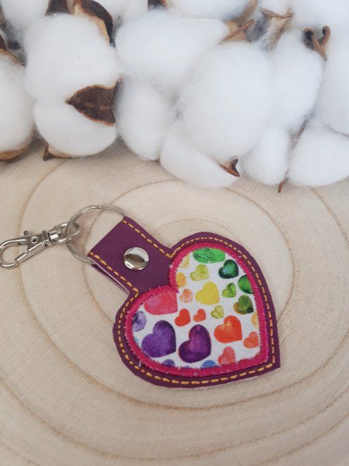 Porte-clé Coeur appliqué tissu coeurs multicolore