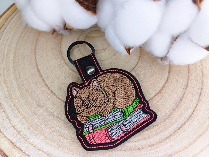 Porte-clé chat dormant sur des livres