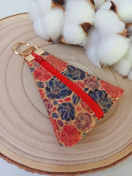 Porte-monnaie / porte-clés - liège fleur rouges & bleues