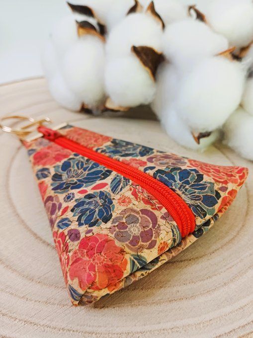 Porte-monnaie / porte-clés - liège fleur rouges & bleues