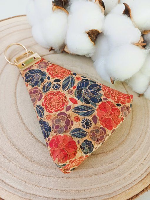 Porte-monnaie / porte-clés - liège fleur rouges & bleues