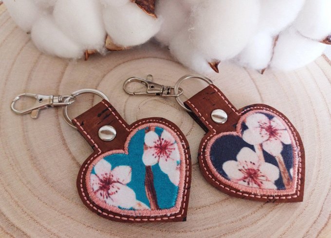 Porte-clé coeur - velours cerisier bleu turquoise