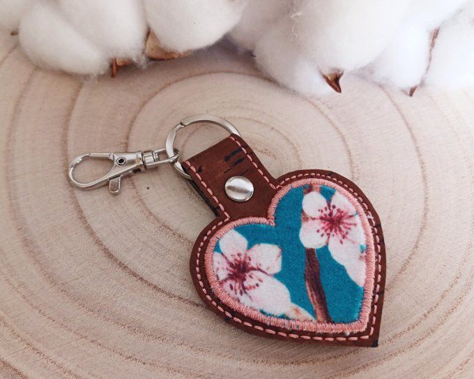 Porte-clé coeur - velours cerisier bleu turquoise